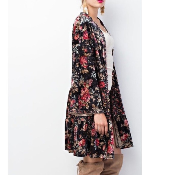 Boho Gypsy Black Floral Kimono Cardigan Tunic - Picture 4 of 8